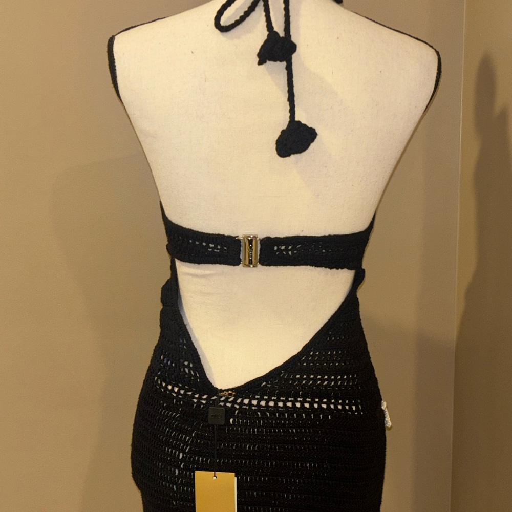 PatBI Black Crochet Halter Mini Dress with White Floral Appliqués - Picture 8 of 12